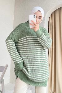 Modalamelif Yarım Fermuarlı Çizgili Triko Kazak Çağla Yeşili