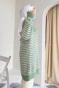 Modalamelif Yarım Fermuarlı Çizgili Triko Kazak Çağla Yeşili