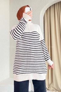 Modalamelif Yarım Fermuarlı Çizgili Triko Kazak Ekru