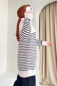 Modalamelif Yarım Fermuarlı Çizgili Triko Kazak Ekru