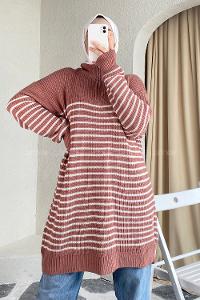 Modalamelif Yarım Fermuarlı Çizgili Triko Kazak Gül