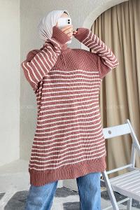 Modalamelif Yarım Fermuarlı Çizgili Triko Kazak Gül