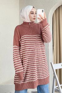 Modalamelif Yarım Fermuarlı Çizgili Triko Kazak Gül