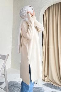 Modalamelif Yırtmaç Detaylı Tunik Bej