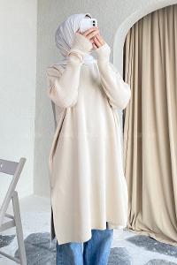 Modalamelif Yırtmaç Detaylı Tunik Bej