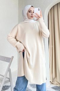 Modalamelif Yırtmaç Detaylı Tunik Bej