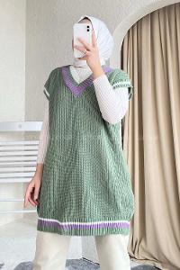 Modalamelif Yaka Renk Garnili Süveter Çağla Yeşili