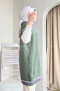 Modalamelif Yaka Renk Garnili Süveter Çağla Yeşili