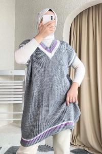 Modalamelif Yaka Renk Garnili Süveter Gri