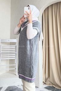 Modalamelif Yaka Renk Garnili Süveter Gri