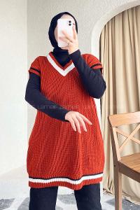 Modalamelif Yaka Renk Garnili Süveter Kiremit