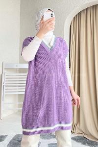 Modalamelif Yaka Renk Garnili Süveter Lila