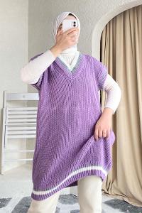 Modalamelif Yaka Renk Garnili Süveter Lila