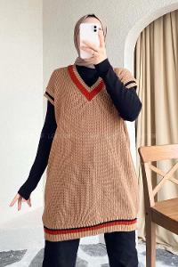 Modalamelif Yaka Renk Garnili Süveter Sütlükahve