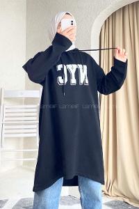 Modalamelif Kapüşonlu Nyc Baskılı Tunik Siyah