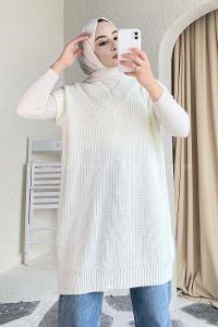 Modalamelif V Yaka Triko Süveter Ekru