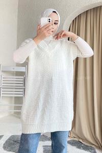 Modalamelif V Yaka Triko Süveter Ekru