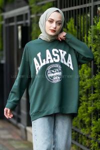 Modalamelif Bisiklet Yaka Alaska Baskı Detaylı Sweat Yeşil