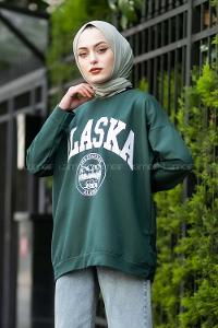 Modalamelif Bisiklet Yaka Alaska Baskı Detaylı Sweat Yeşil