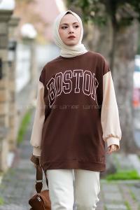 Modalamelif Boston Baskılı Kol Garnili Sweat Acıkahve