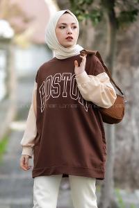 Modalamelif Boston Baskılı Kol Garnili Sweat Acıkahve