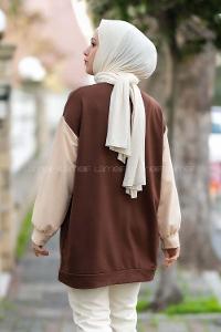 Modalamelif Boston Baskılı Kol Garnili Sweat Acıkahve