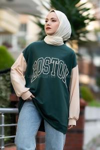Modalamelif Boston Baskılı Kol Garnili Sweat Haki