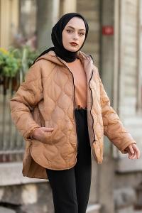 Modalamelif Kapitone Model Oversize Şişme Mont Camel