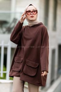 Modalamelif Kapşonlu Çift Kapak Cepli Sweat Acıkahve