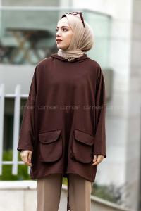 Modalamelif Kapşonlu Çift Kapak Cepli Sweat Acıkahve