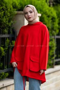 pşonlu Çift Kapak Cepli Sweat Kırmızı