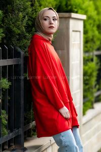 pşonlu Çift Kapak Cepli Sweat Kırmızı