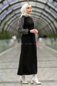 Modalamelif Kol Tül Sim Detaylı Kuşaklı  Elbise Siyah