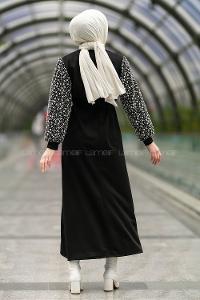 Modalamelif Kol Tül Sim Detaylı Kuşaklı  Elbise Siyah