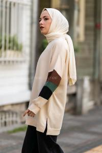 Modalamelif Kolları Parçalı Garnili Yırtmaçlı Sweat Krem