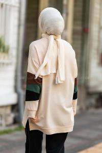 Modalamelif Kolları Parçalı Garnili Yırtmaçlı Sweat Krem