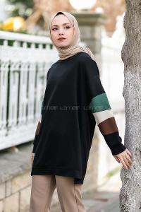 Modalamelif Kolları Parçalı Garnili Yırtmaçlı Sweat Siyah