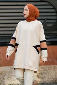 Modalamelif Kolları Renk Garnili Şerit Desenli Sweat Tunik Krem
