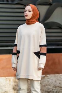 Modalamelif Kolları Renk Garnili Şerit Desenli Sweat Tunik Krem