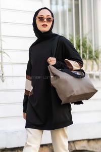Modalamelif Kolları Renk Garnili Şerit Desenli Sweat Tunik Siyah
