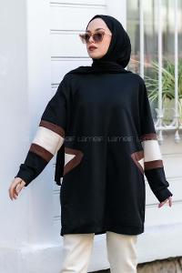Modalamelif Kolları Renk Garnili Şerit Desenli Sweat Tunik Siyah