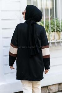 Modalamelif Kolları Renk Garnili Şerit Desenli Sweat Tunik Siyah