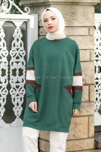 Modalamelif Kolları Renk Garnili Şerit Desenli Sweat Tunik Yeşil