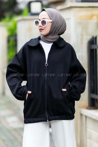 Modalamelif Önü Fermuarlı Polo Yaka Hırka Siyah