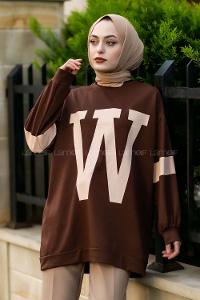Modalamelif W Baskılı Kol Şerit Sweat Tunik Acıkahve
