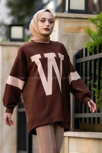 Modalamelif W Baskılı Kol Şerit Sweat Tunik Acıkahve