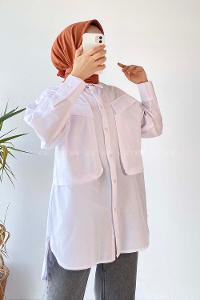 Modalamelif Asimetrik Bombe Cep Detaylı Gömlek Beyaz