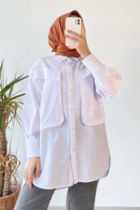 Modalamelif Asimetrik Bombe Cep Detaylı Gömlek Beyaz