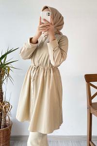 Modalamelif Gömlek Yaka Beli Bağcıklı Tunik Bej