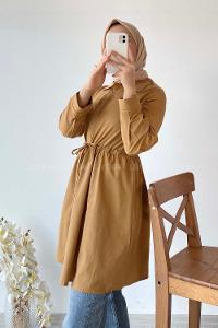 Modalamelif Gömlek Yaka Beli Bağcıklı Tunik Camel